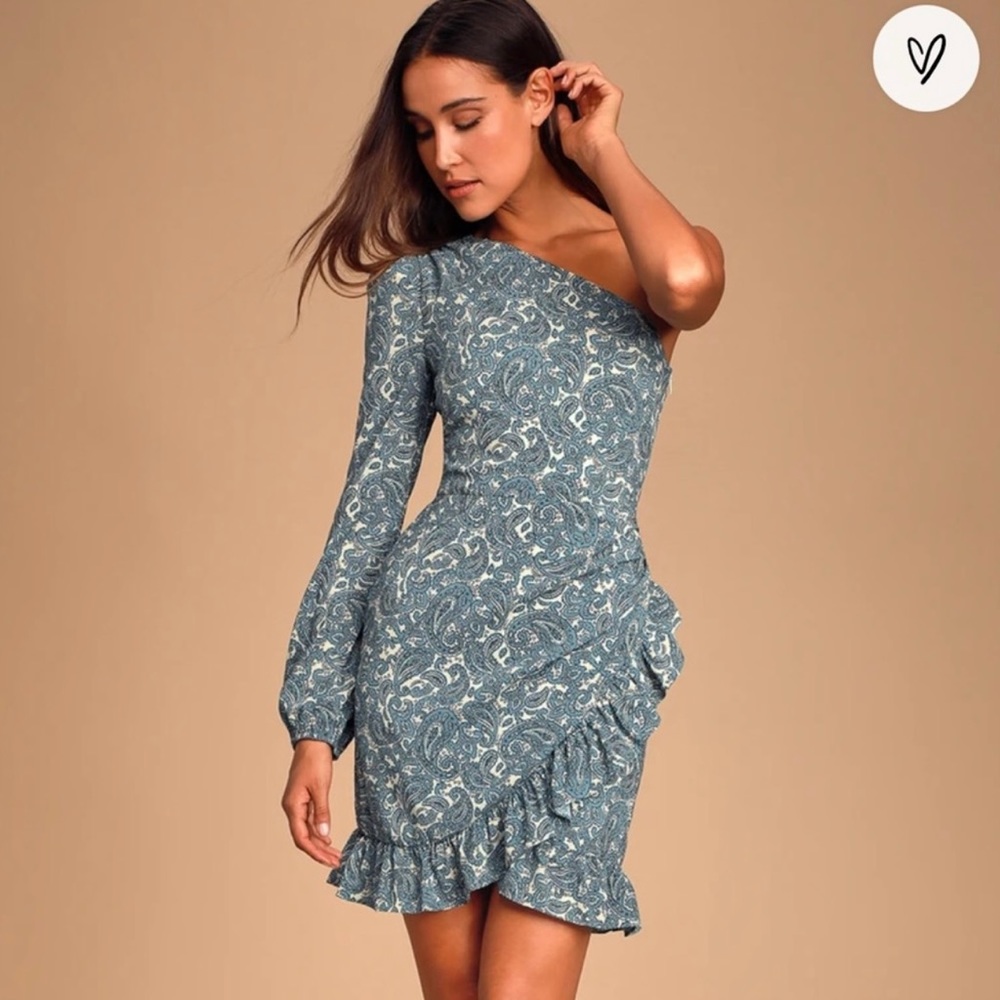 Michelyne Teal Blue Paisley Ruffled One-Shoulder Mini Dress🤍